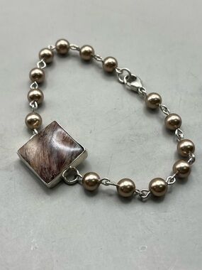 Handmade Sterling Silver Agate & Pearl Bezel Bracelet - Elegant & Unique